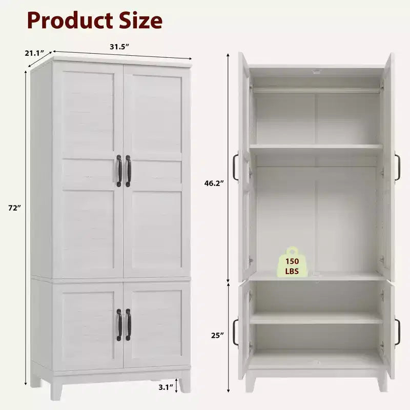 Armoire-penderie en bois de 72 po avec tringle de suspension, armoire haute autoportante avec 18 tablettes réglables