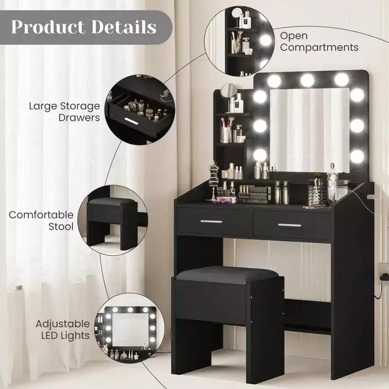 Coiffeuse de Maquillage avec Lumières, Bureau de Maquillage avec Miroir et Lumières, Grand Tiroir et Armoire de Rangement à Deux Étages, 3 Modes d'Éclairage