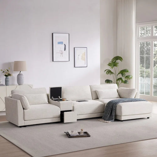 Canapé d'angle 4 places en chenille 124 avec console de rangement et port USB