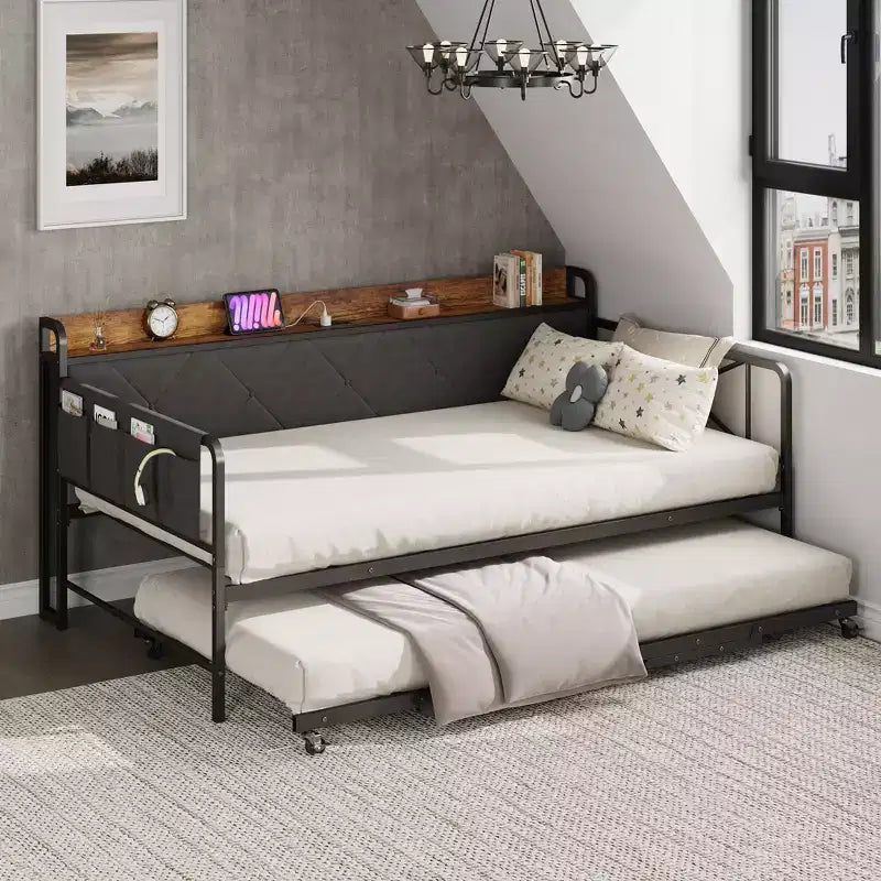 Lit de repos avec lit gigogne et lumière LED, cadre de lit double avec tête de lit rembourrée et station de charge, cadre de lit de repos en métal ou pour salon