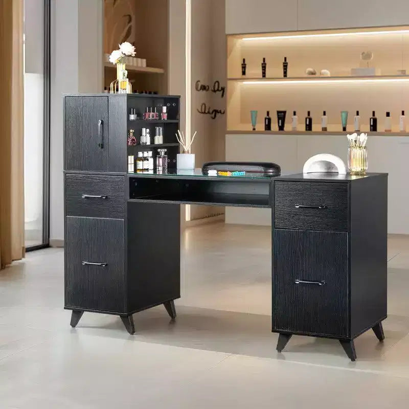 Table de manucure Karlhome noire 55 pouces L x 19 pouces l x 44 pouces H, bureau de salon moderne avec plateau en verre et coussin de poignet