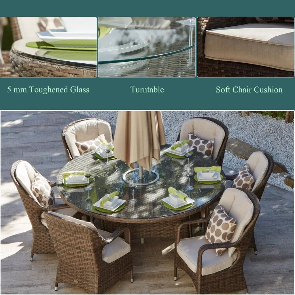 Ensemble de salle à manger rond 7 pièces en rotin tressé d'extérieur avec coussins par Moda Furnishings