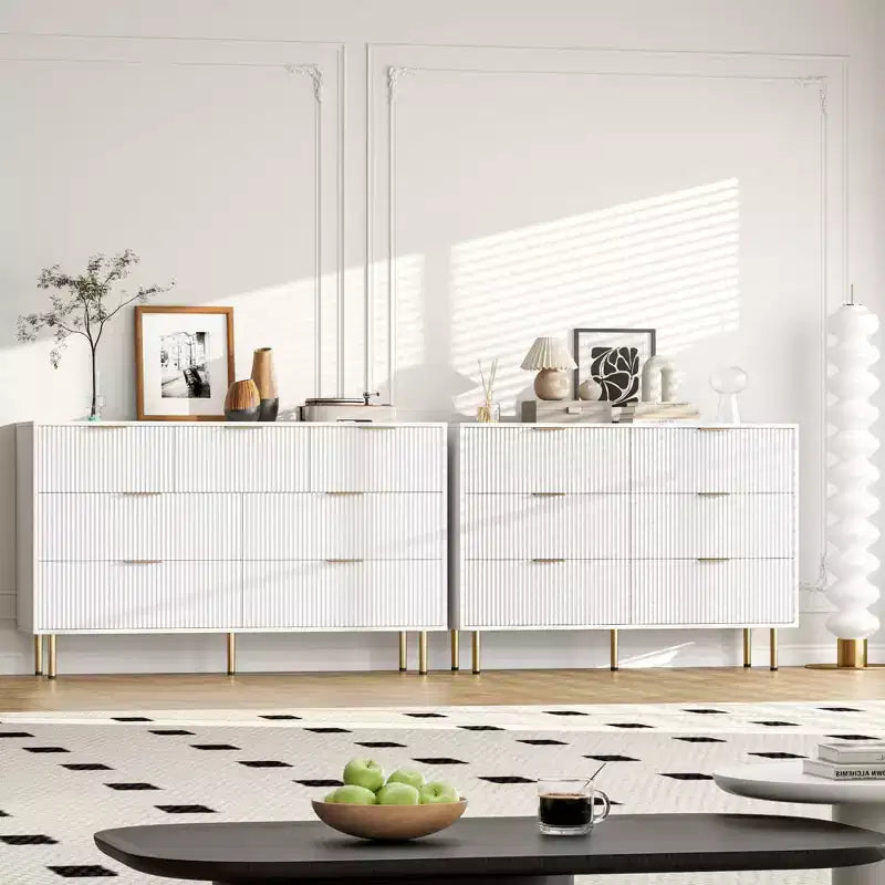 Commode moderne à 7 tiroirs cannelés avec poignées dorées, large commode de rangement en bois pour chambre à coucher, salon, entrée