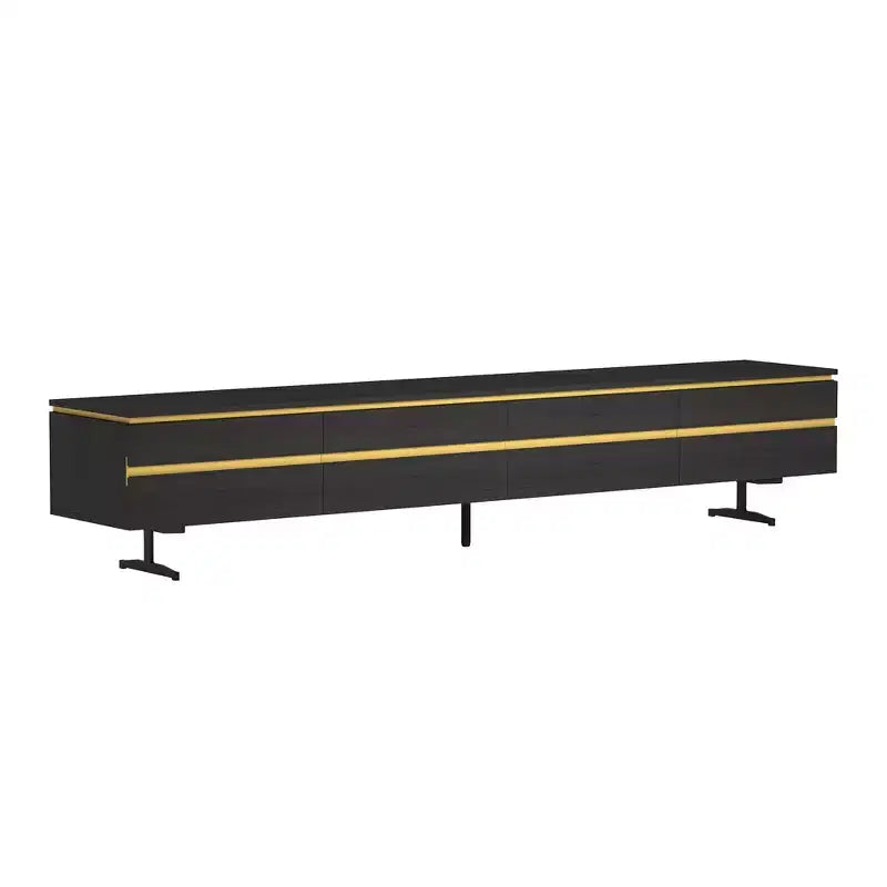 Meuble TV et console média noir Luck Live Farmhouse 86.61 avec tiroirs de rangement dissimulés, armoires fermées, pieds en métal et gestion des câbles