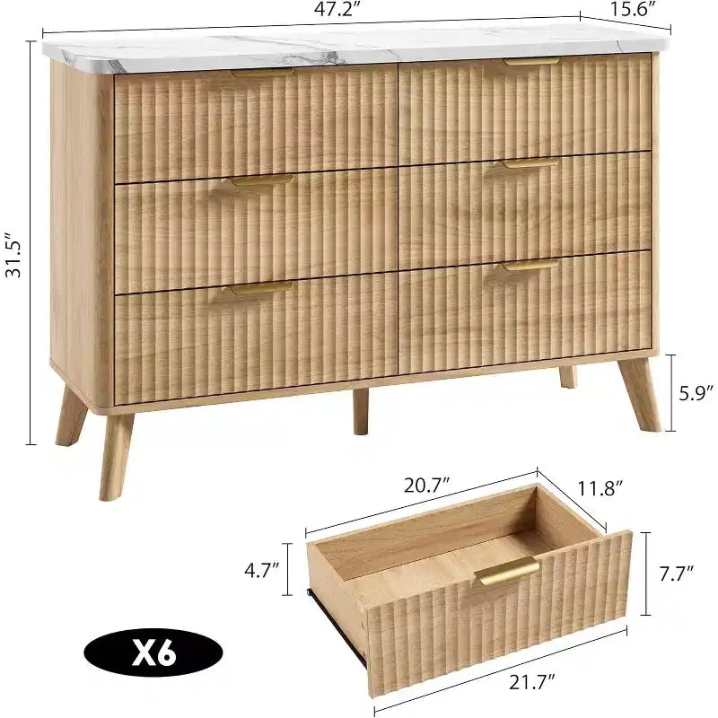 Commode 6 tiroirs pour chambre à coucher, commode de 120 cm de large avec profil incurvé, tiroirs en bois cannelé, commode moderne pour salon