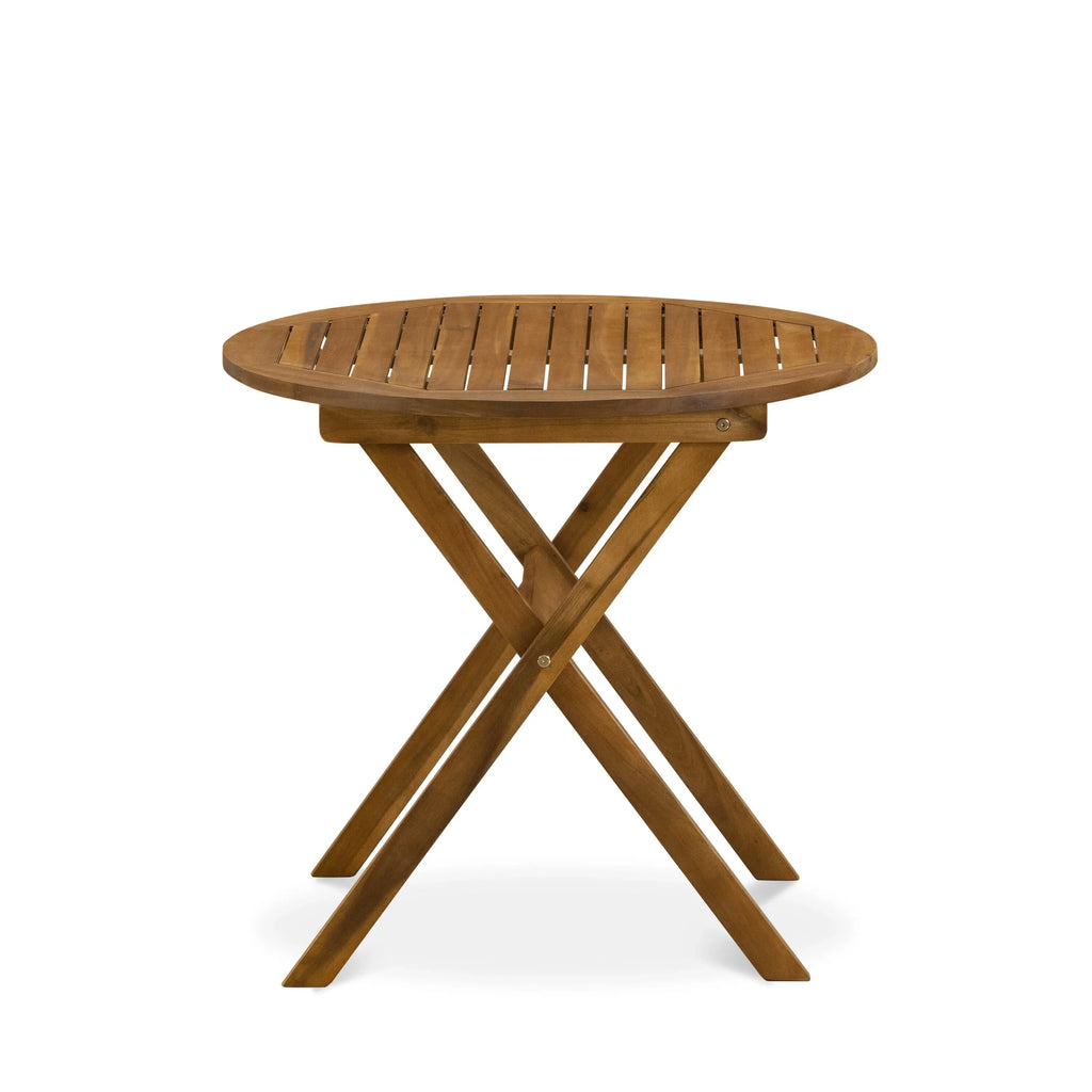 East West Furniture Ensemble Bistro de conversation d'extérieur comprenant une table basse ronde en bois et 2 chaises pliantes, Huile naturelle