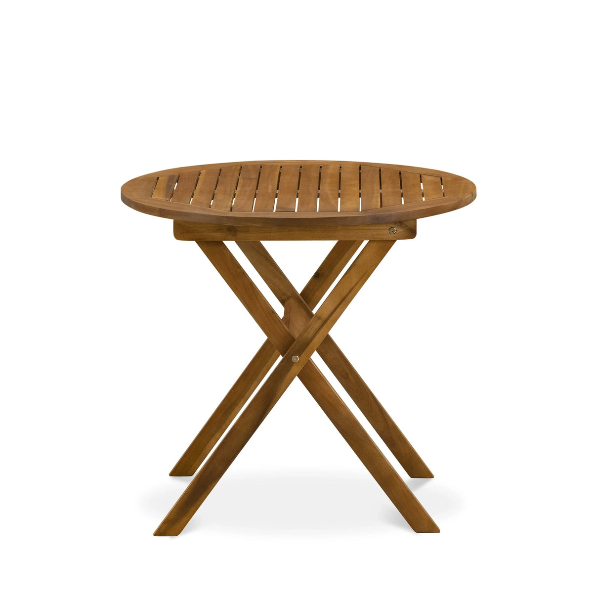 East West Furniture Ensemble Bistro de conversation d'extérieur comprenant une table basse ronde en bois et 2 chaises pliantes, Huile naturelle