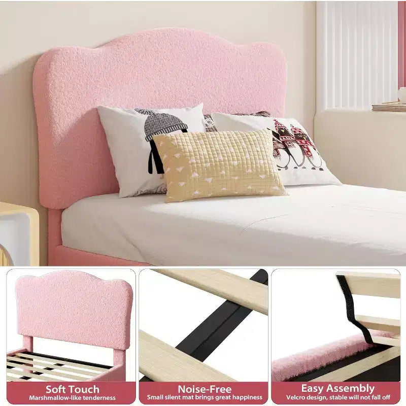 Lit plateforme capitonné jumeau GustoWave avec tête de lit coquillage pour enfants - Rose, pas besoin de sommier tapissier