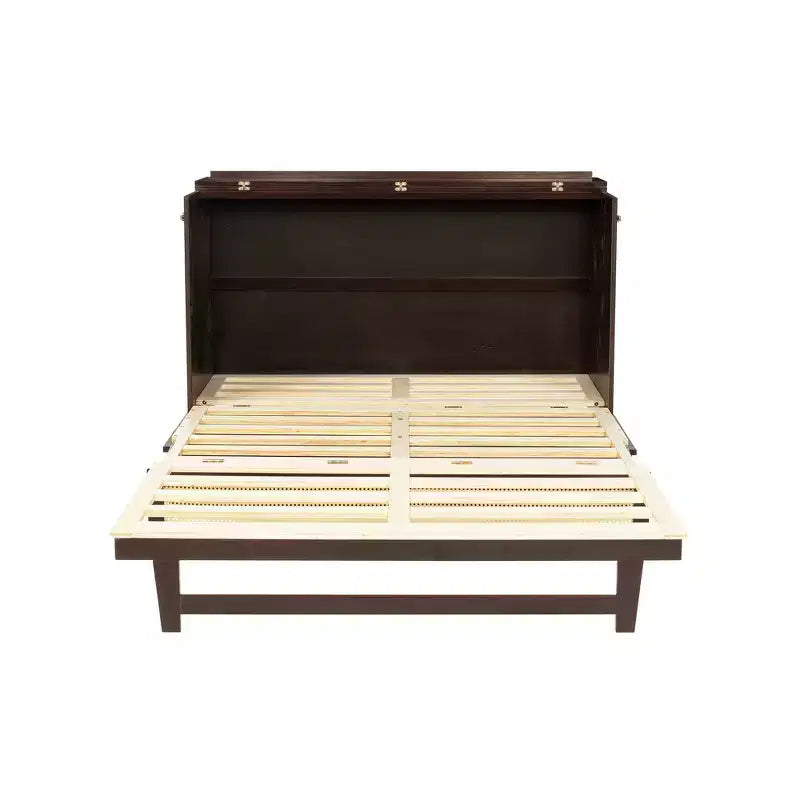 Lit escamotable Whisen Queen Size en pin avec décoration en rotin et tiroir de rangement