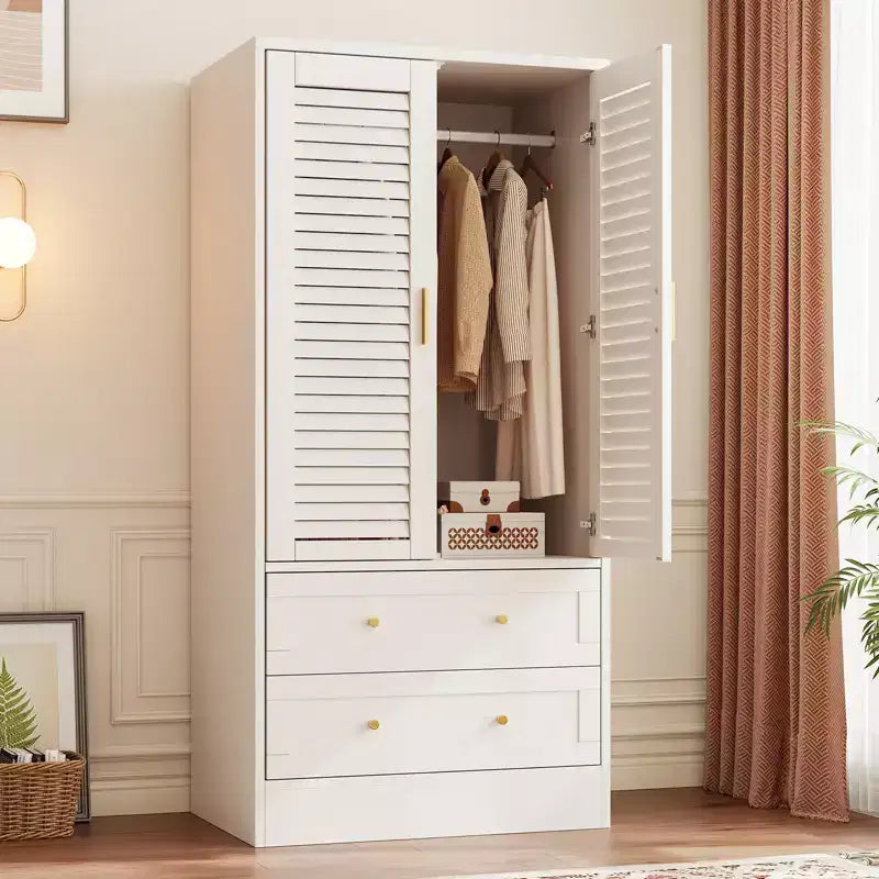 Armoire penderie à persiennes de 165 cm, Meuble de rangement en bois avec 2 portes et 2 tiroirs, Armoire de chambre avec tringle de suspension