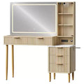 Coiffeuse LED en panneaux de particules avec motif ondulé, MDF durable, design moderne, éclairage LED intégré, grand espace de rangement