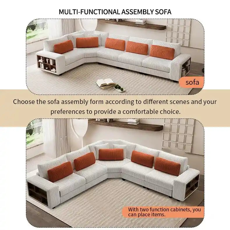 Canapé d'angle modulable 5 places en L avec oreillers, accoudoirs en bois et étagères de rangement polyvalentes, 142 po