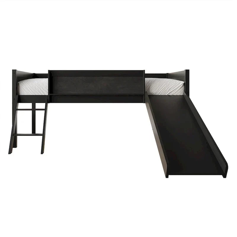 Lit mezzanine bas classique double CraftPorch avec tableau noir, toboggan et échelle