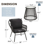 Ensemble de bistro 3 pièces pour terrasse, salon de jardin en rotin tressé avec table en verre et 2 fauteuils larges, coussins d'assise