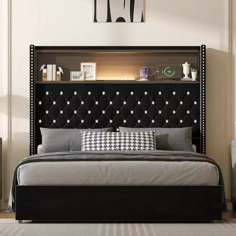 MAYEERTY Lit double en velours capitonné avec veilleuse, tête de lit haute de 52 po, décor de rivets, tête de lit de plateforme à oreilles avec étagère, pour chambre à coucher, noir
