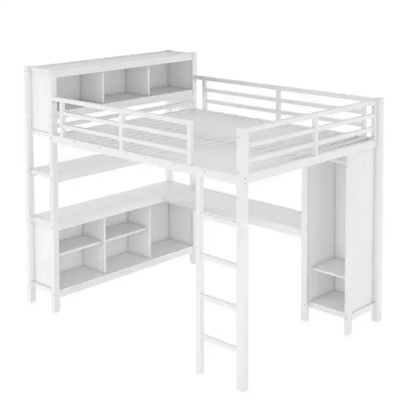 Lit mezzanine en métal double/grand format avec armoire et bureau en L, lit mezzanine robuste avec casiers de rangement et étagères, blanc/noir - ModernLuxe