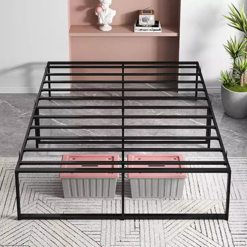 Cadre de lit double en métal de 14 pouces, plateforme robuste, lattes en acier solides, base de matelas, aucun sommier tapissier requis, montage facile, silencieux, noir