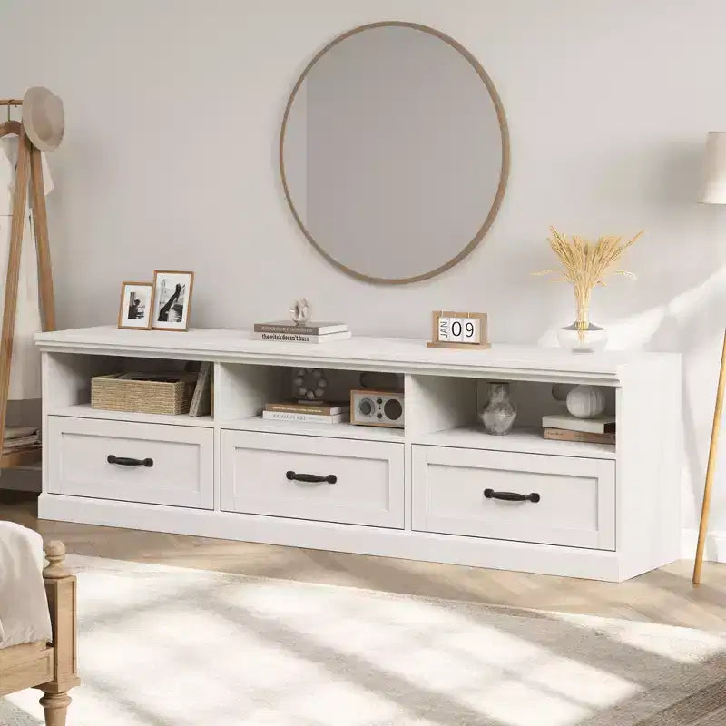 Meuble TV 70 pouces pour téléviseurs jusqu'à 80 pouces, meuble de divertissement moderne du milieu du siècle avec tiroir, meuble TV console média pour salon, chambre à coucher