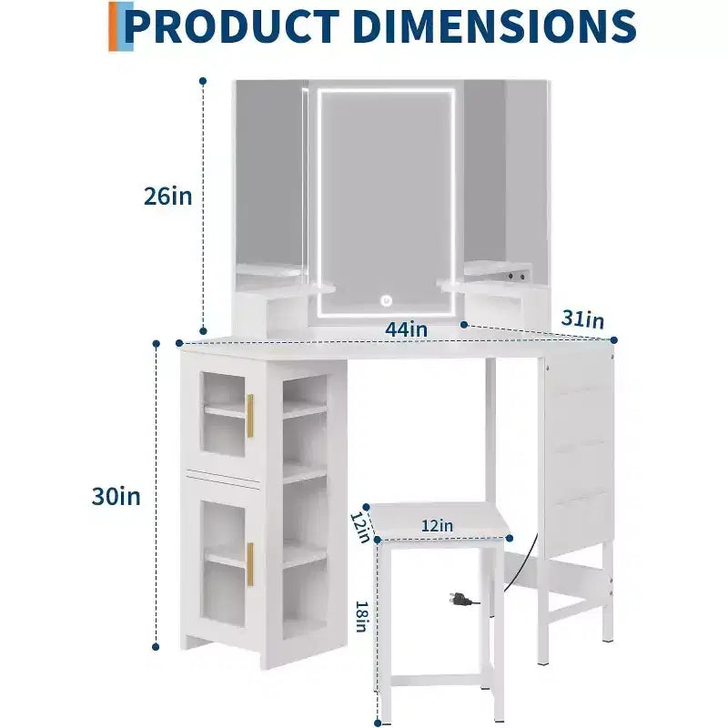 Coiffeuse d'angle avec miroir triptyque, station de charge, armoire de rangement, sac de rangement et tabouret, coiffeuse d'angle compacte pour chambre à coucher