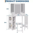 Coiffeuse d'angle avec miroir triptyque, station de charge, armoire de rangement, sac de rangement et tabouret, coiffeuse d'angle compacte pour chambre à coucher