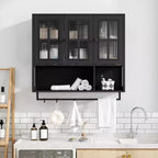 Meuble mural de salle de bain, armoire murale en bois à 3 portes avec espace de rangement ouvert et caché, armoire à pharmacie avec porte vitrée et porte-serviettes