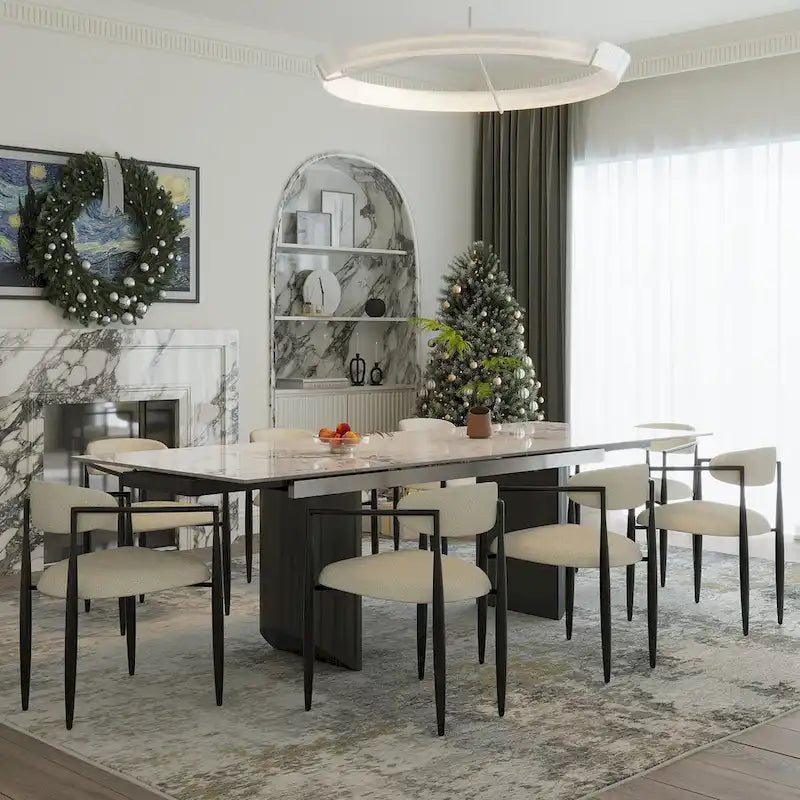 Ensemble de salle à manger extensible moderne et minimaliste 9 pièces 94.48 avec plateau en pierre frittée et double piédestal, avec 8 chaises en tissu