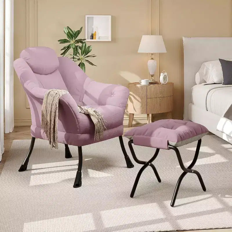 Fauteuil d'appoint confortable en velours Acekool pour adultes, fauteuil de lecture ergonomique avec accoudoirs rembourrés, repose-pieds pliable, poche latérale, rose, gris