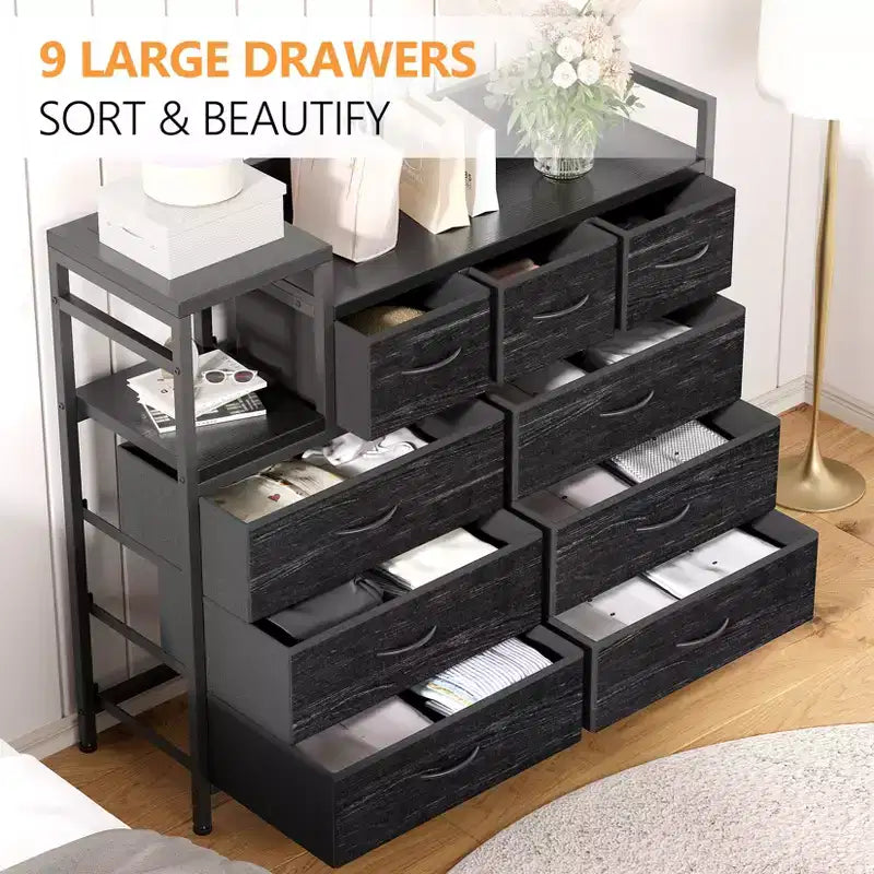 COZONY Commode de rangement à 9 tiroirs de 86,4 cm de haut et meuble TV, Tour de rangement en tissu, Rangement à cadre en acier robuste pour le salon, utilisation dans les petits espaces