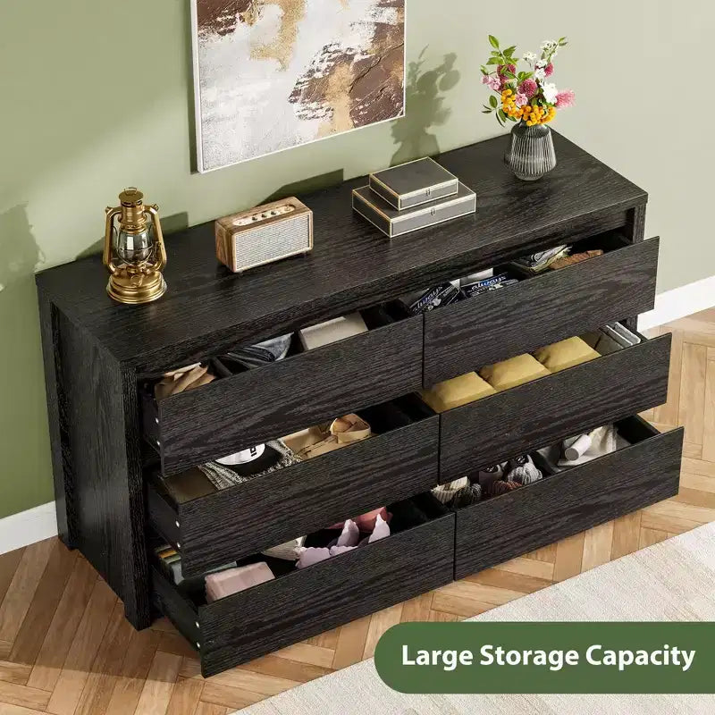 Commode large en bois à 6 tiroirs - Meuble de rangement moderne sans poignée pour chambre, salon, couloir et entrée, grande commode.