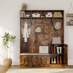 Banc et Rangement à Chaussures, Banc d'entrée de Ferme 3-en-1 avec Porte-Manteau, 4 Crochets, 4 Casiers à Chaussures et 3 Compartiments Ouverts, pour Entrée, Vestiaire