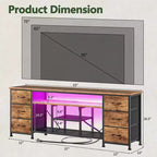 Meuble TV Qwatto 63 pouces marron avec station de charge, lumières LED, 6 tiroirs en tissu, centre de divertissement pour TV jusqu'à 70 pouces, rangement de chambre