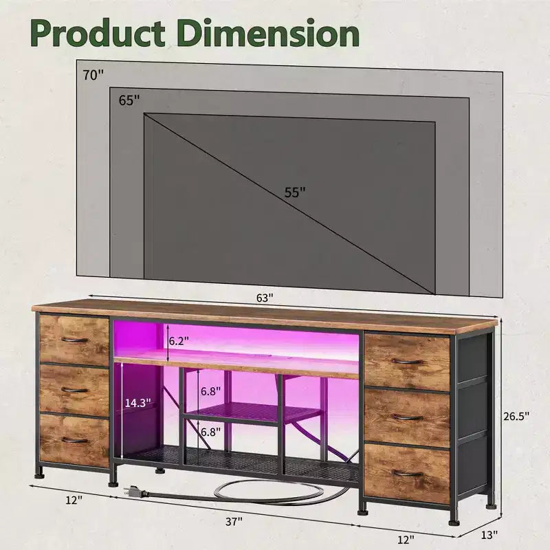 Meuble TV Qwatto 63 pouces marron avec station de charge, lumières LED, 6 tiroirs en tissu, centre de divertissement pour TV jusqu'à 70 pouces, rangement de chambre