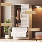Armoire penderie à persiennes de 165 cm, Meuble de rangement en bois avec 2 portes et 2 tiroirs, Armoire de chambre avec tringle de suspension