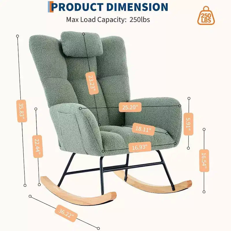 Fauteuil à bascule Teddy avec oreiller et dossier haut, fauteuil d'appoint rembourré en tissu pour chambre d'enfant, salon, chambre à coucher