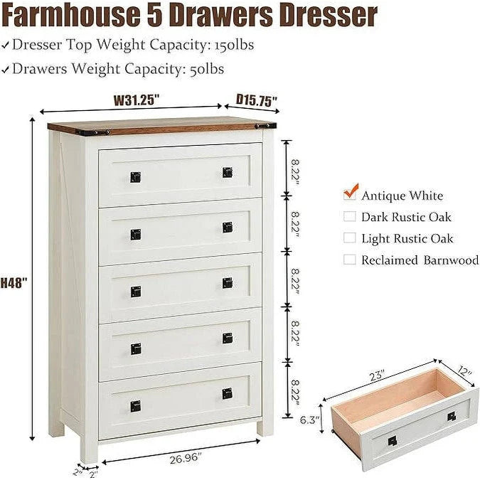 Commode en bois de style campagnard, 5 tiroirs, 122 cm de hauteur, pour chambre à coucher