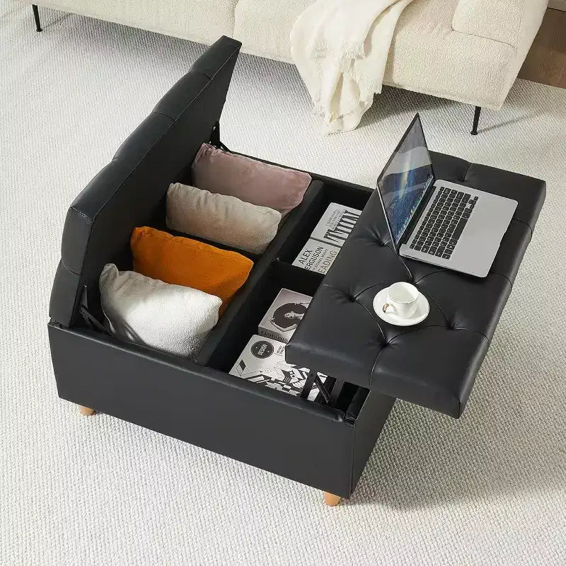 Table basse coffre de rangement Acekool, plateau relevable, capitonné, 90x90x51 cm