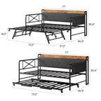 Lit de repos avec lit gigogne et lumière LED, cadre de lit double avec tête de lit rembourrée et station de charge, cadre de lit de repos en métal ou pour salon