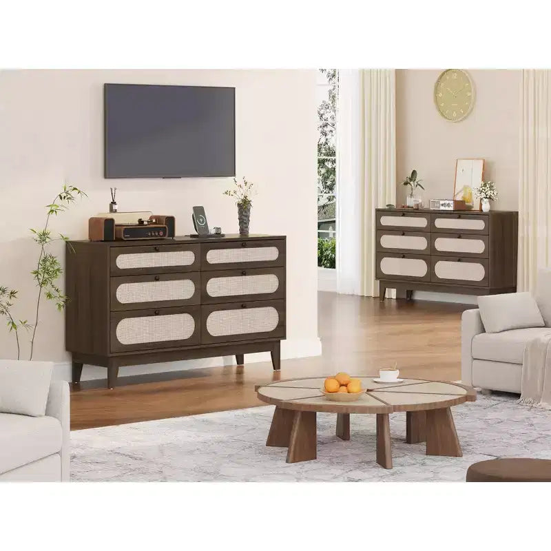 52.1 Commode en rotin avec station de charge, commode en bois à 6 tiroirs pour chambre à coucher avec tiroirs de capacités variées