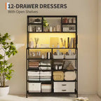 Commode de chambre, commode en tissu à 12 tiroirs, étagères ouvertes, plateau en bois et cadre en métal pour chambre à coucher, couloir ou salon