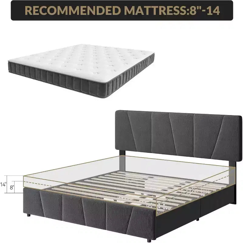 Lit Queen Size avec tête de lit réglable et 4 tiroirs de rangement, cadre de lit plateforme rembourré doux avec support à lattes en bois