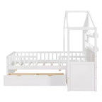 Lit cabane MAYEERTY pour enfant avec canapé, plateforme, deux tiroirs et étagère de rangement, blanc