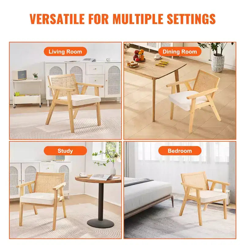 VEVOR Chaise en rotin de style moderne du milieu du siècle, fauteuil d'appoint rembourré en velours avec dossier en rotin, chaise de salon rétro pour salon, chambre à coucher, beige