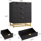 Commode de rangement moderne Acekool à 5 tiroirs avec poignées métalliques pour chambre, salon ou entrée - Blanc avec pieds en métal doré