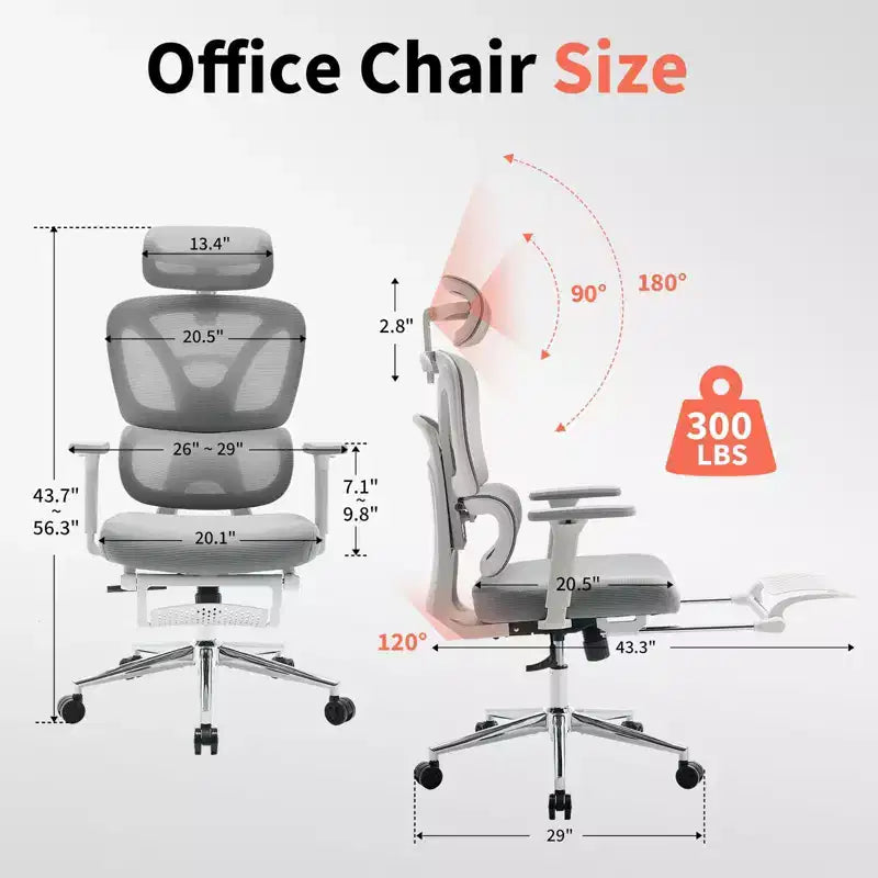 Chaise de bureau ergonomique en maille - Dossier haut, support lombaire réglable, appui-tête et repose-pieds rembourrés, siège large et respirant, chaise de bureau pivotante