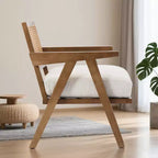 Fauteuil d'appoint de ferme du milieu du siècle - Fauteuil en bois avec dossier en rotin et coussin en lin pour salon, chambre