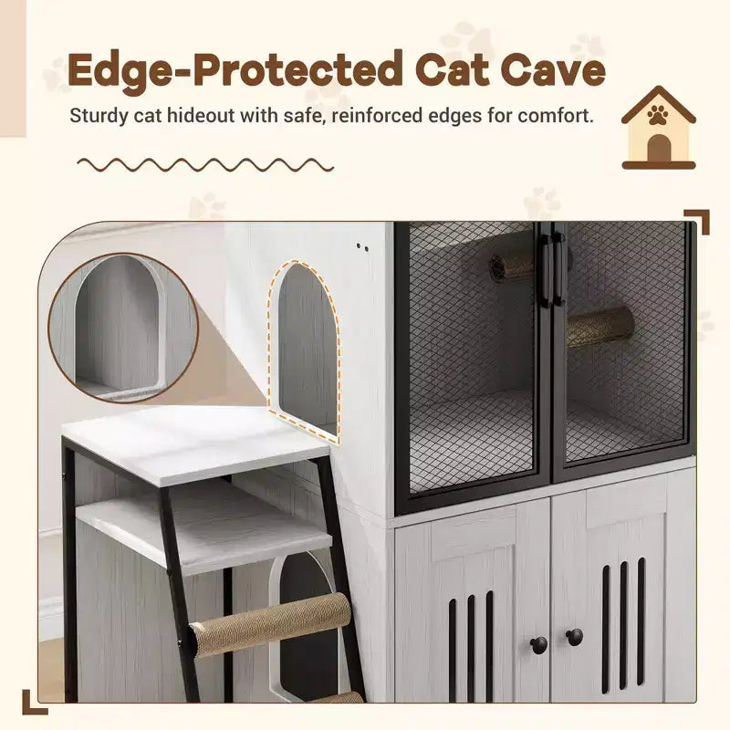 Meuble de litière pour chat GustomWave, armoire double cachée 2 en 1 avec bac à litière fermé et échelle, meuble pour chat en bois