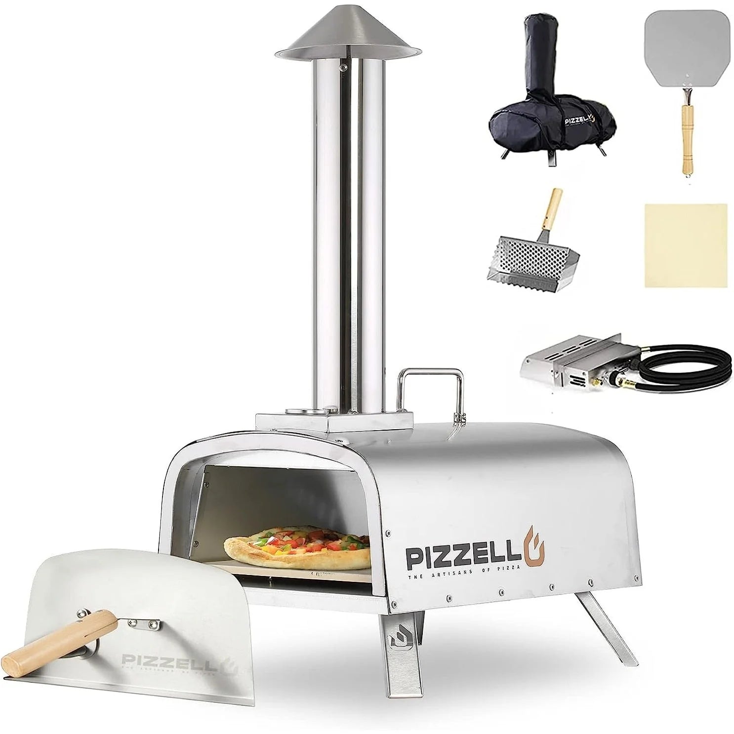 Four à Pizza Extérieur Multi-Combustibles avec Brûleur à Gaz et Boîte à Bois - 12 pouces