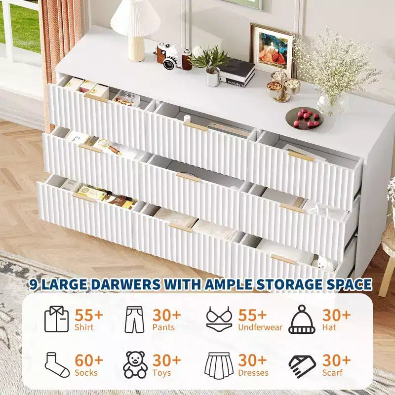 COZONY Commode cannelée à 8/9 tiroirs - Grand meuble de rangement en bois avec poignées métalliques et dispositif anti-basculement pour chambre à coucher, salon, couloir