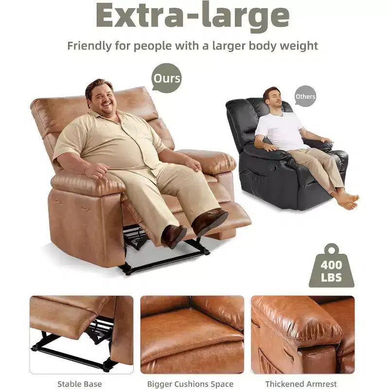 Fauteuil inclinable en cuir surdimensionné, inclinable manuel extra large, chaise longue avec accoudoirs et dossier confortables en éponge 1,5X pour salon, chambre