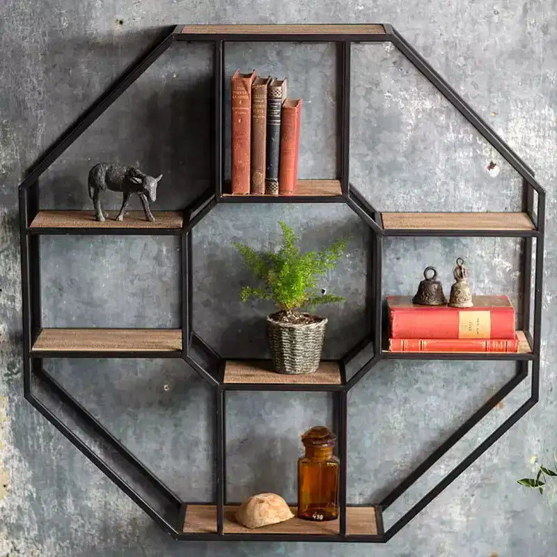 Étagère murale en bois et fer Slickblue, octogonale/hexagonale à 8 niveaux, présentoir, industriel, 36x36